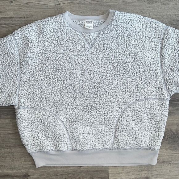 Victorias Secret PINK Sherpa Sweater Small Oversized Light Gray Cozy Loungewear - Picture 5 of 12